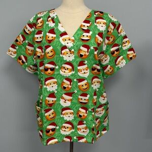 NWT Buttersoft Christmas Scrub Top XL Santa Emojis Green Cotton Scrubs Nurse